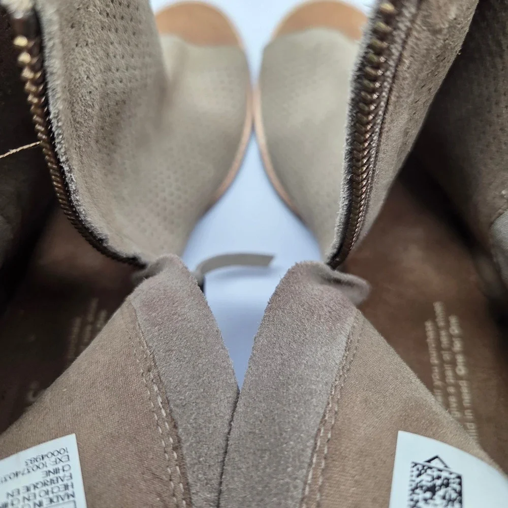 Toms Majorca Peep Toe Booties 11 Taupe Perforated Suede Block Heel Ankle Boots